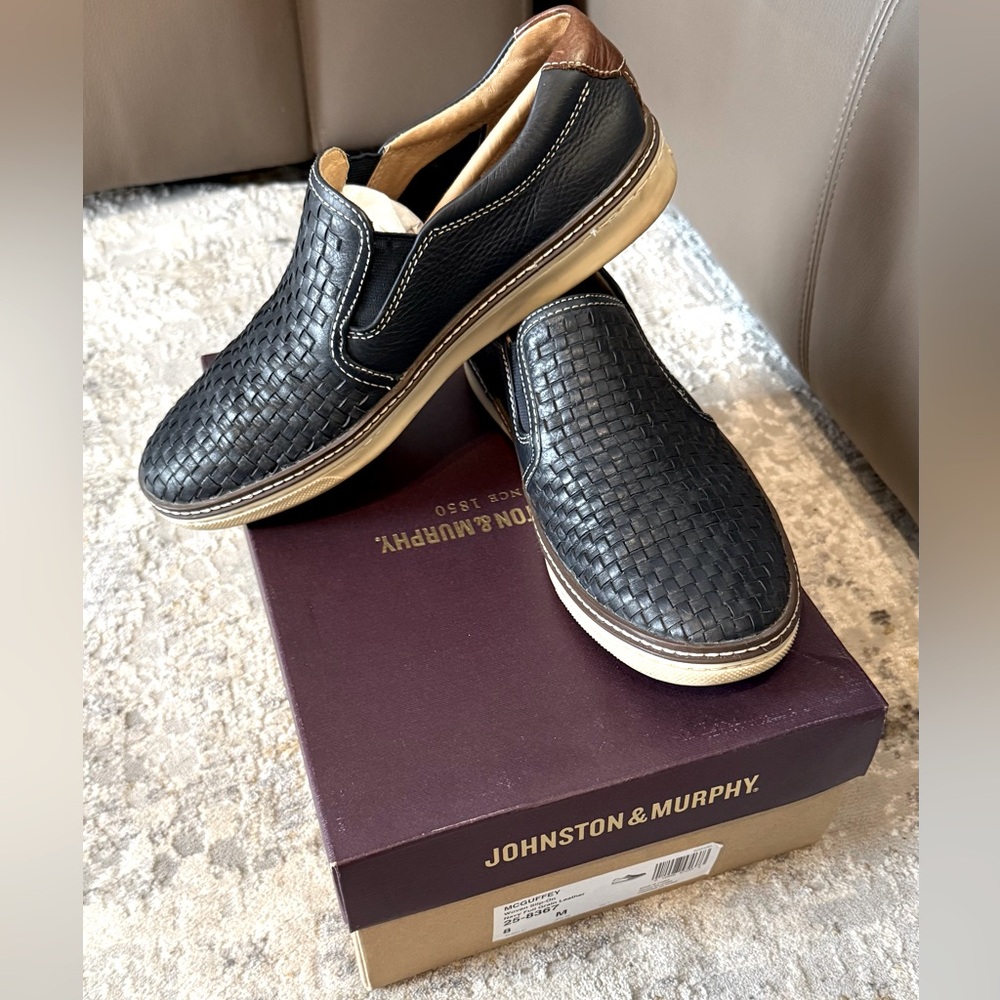 Johnston & Murphy Men Woven Slip-On Navy Full Grain Leather Shoes Size 8 US